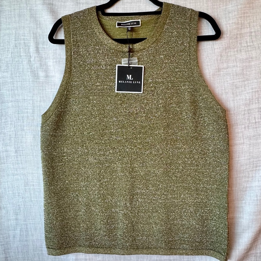 NEW Melanie Lyne Metallic Knit Shell Top XL Green Sparkle Sleeveless Evening Par